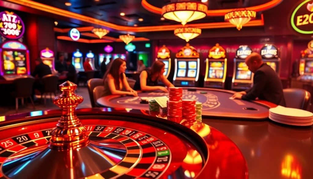 An exciting gambling atmosphere at e28 casino, featuring roulette wheel, cards, and vibrant slot machines.