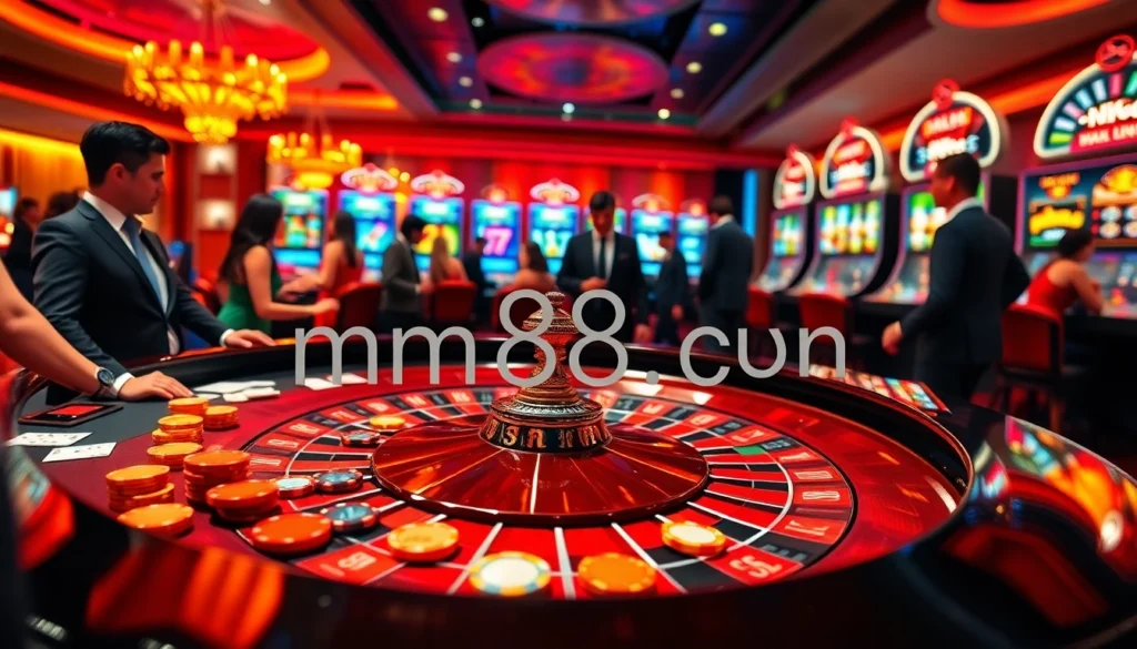 Experience the thrill of mm88.c9m action at a busy roulette table, with vibrant colors and lively players.