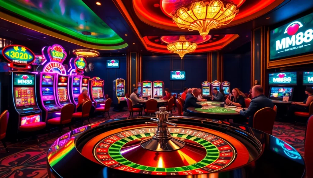 Players enjoying thrilling games at nhà cái MM88 casino with exciting slot machines and poker tables.