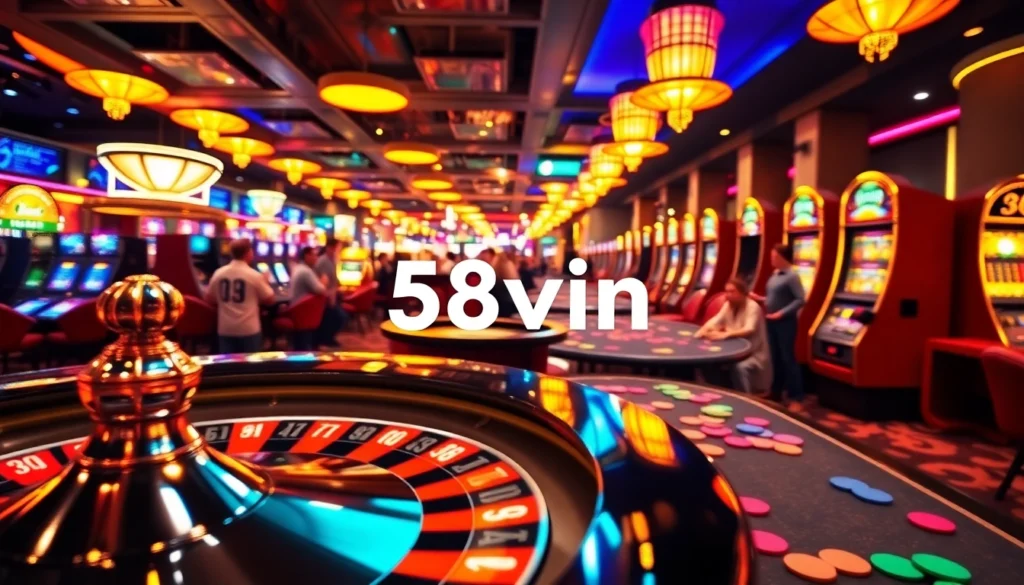 A vibrant casino scene showcasing the excitement of gambling with poker chips, cards, and a roulette wheel, emphasizing '58vin' as part of the thrilling atmosphere.