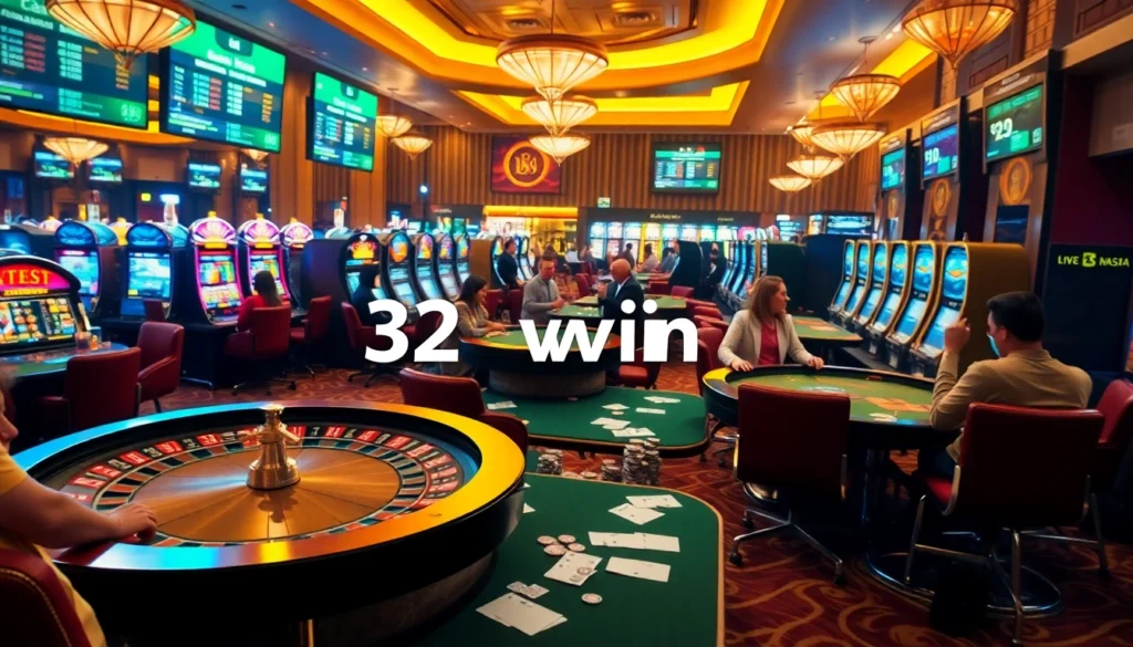 Experience the thrill of a win at the casino with players enjoying games and the exciting phrase "32 win" prominent in the vibrant atmosphere.