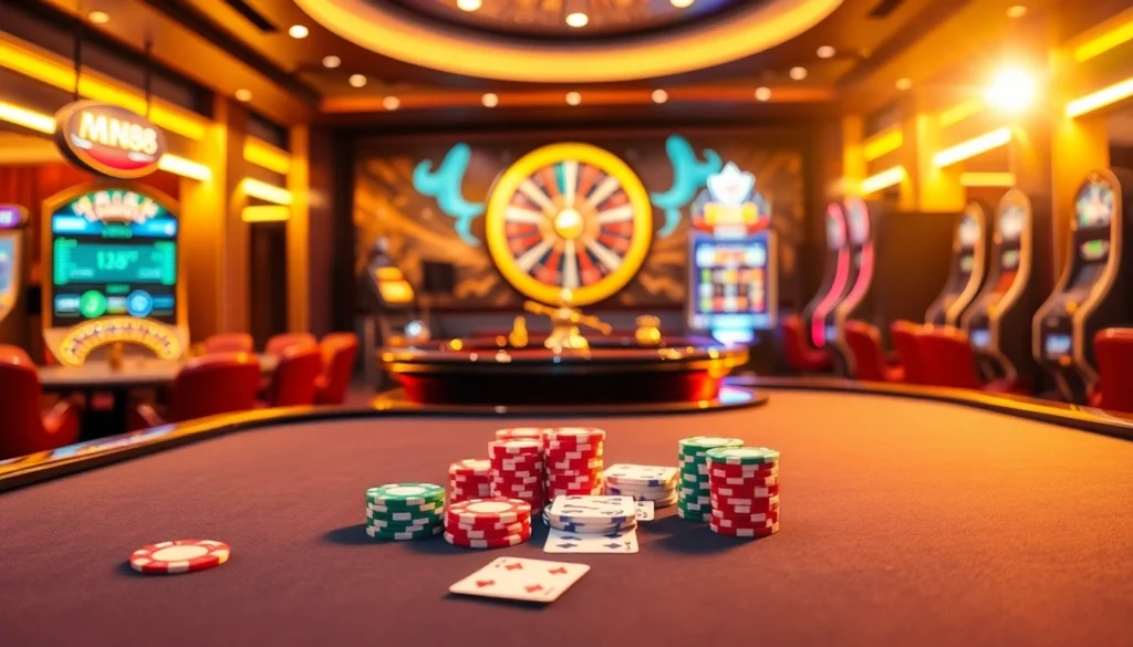 Experience the exhilarating world of gambling at nhà cái MM88, featuring casino tables, vibrant poker chips, and roulette wheels.