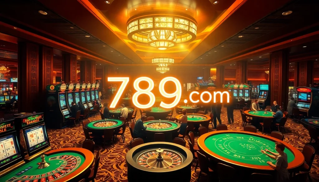 Experience the thrill of gaming at 789f.com featuring lively casino tables, vibrant slot machines, and eager players.