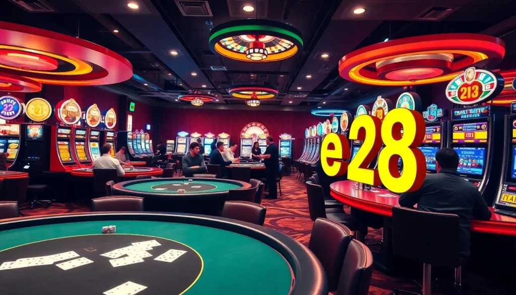 Experience e28 gaming excitement with a lively poker table and roulette wheel at a bustling casino.