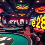 Experience e28 gaming excitement with a lively poker table and roulette wheel at a bustling casino.