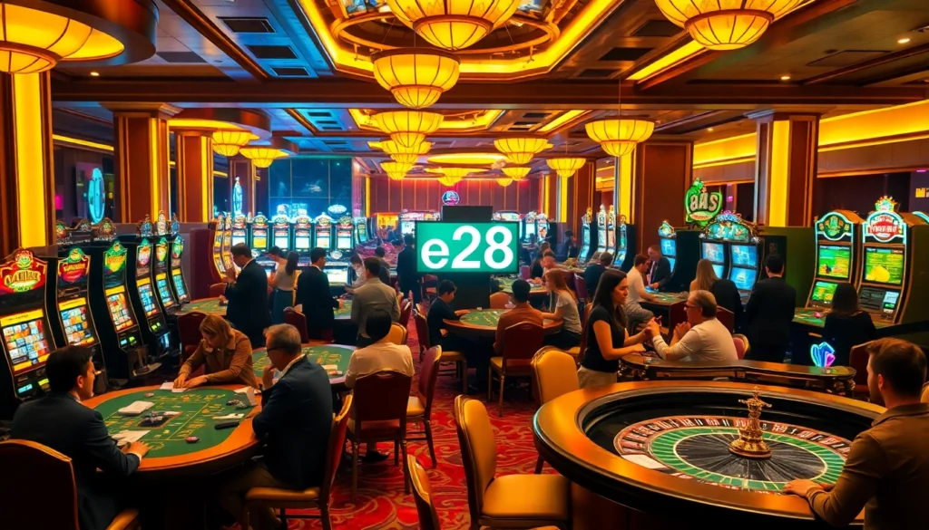 Players excitedly engage with various casino games at e28, showcasing vibrant tables and machines.