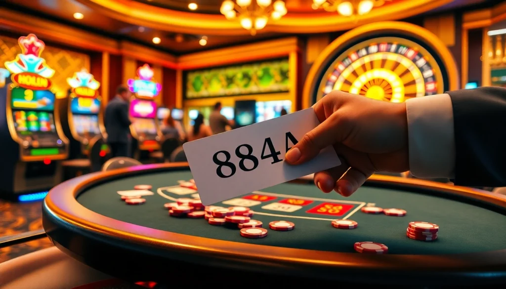 Players engaging with casino games focusing on the 88AA poker table while colorful slot machines illuminate the background.