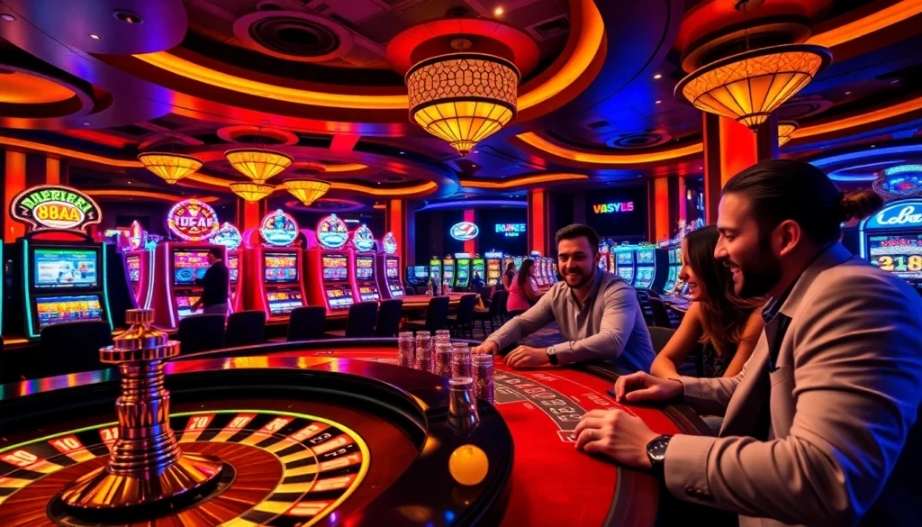 Players at a lively casino table with 88AA poker chips, showcasing high-stakes excitement and engagement.