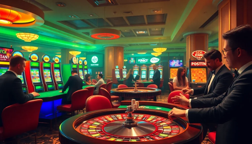 F168 gaming tables in a lively casino environment with players excitedly betting on cards.
